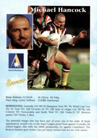 1998 Ansett Australia Promotional Duo Card - Card 2 Michael Hancock Broncos & Kris Tassell Cowboys