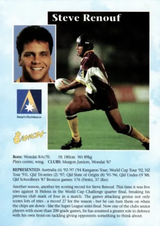 1998 Ansett Australia Promotional Duo Card - Card 5 Steve Renouf Broncos & Noa Nadruku Cowboys