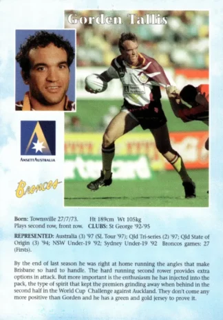 1998 Ansett Australia Promotional Duo Card - Card 7 Gorden Tallis Broncos & Kyle Warren Cowboys