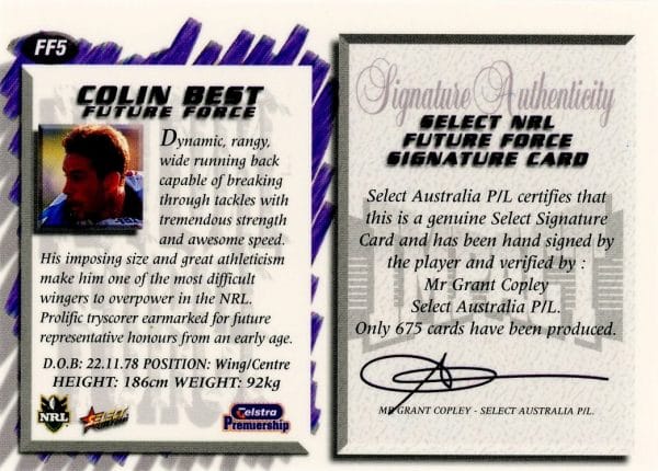 2001 NRL Impact Future Force Signature - FF05 Colin Best Cronulla Sharks - Image 2
