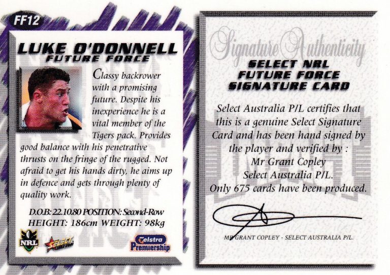 2001 NRL Impact Future Force Signature - FF12 Luke O'Donnell Wests Tigers - Image 2