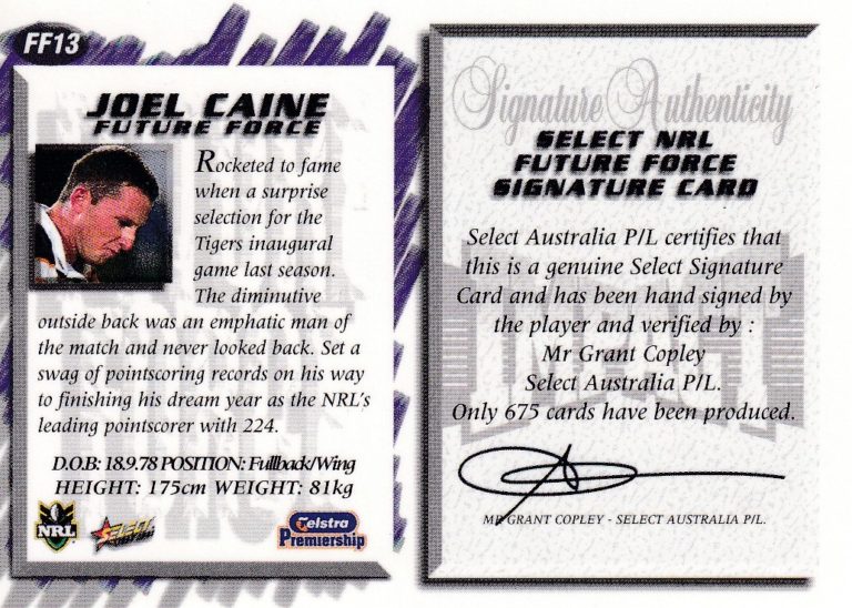 2001 NRL Impact Future Force Signature - FF13 Joel Caine Wests Tigers - Image 2