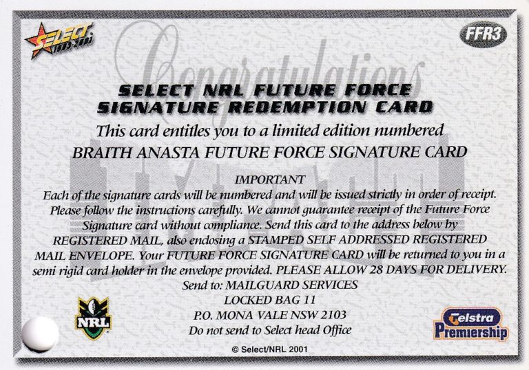 2001 NRL Impact Future Force Signature - FF03 Braith Anasta Canterbury Bulldogs - Image 4