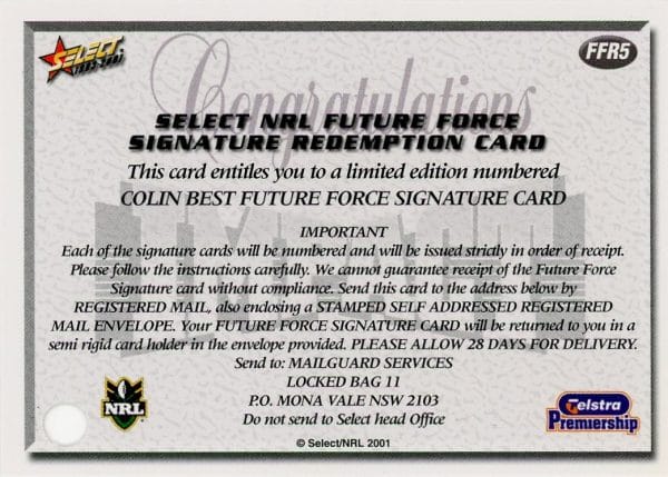 2001 NRL Impact Future Force Signature - FF05 Colin Best Cronulla Sharks - Image 4