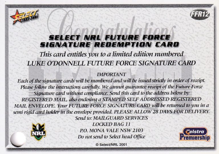 2001 NRL Impact Future Force Signature - FF12 Luke O'Donnell Wests Tigers - Image 4