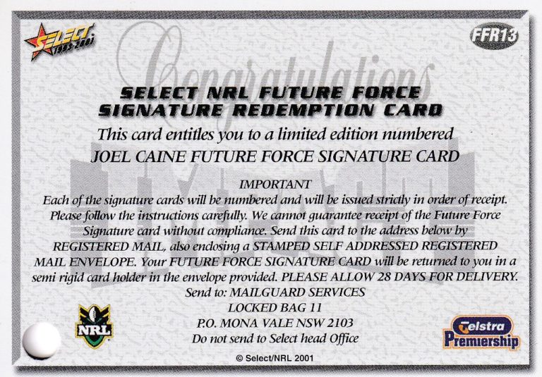 2001 NRL Impact Future Force Signature - FF13 Joel Caine Wests Tigers - Image 4