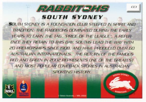 2002 NRL Challenge Case Card - CC1 South Sydney Rabbitohs Team Photo - Image 2