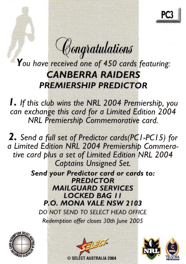 2004 NRL Authentic Captains Card - CP03 Simon Woolford Canberra Raiders - Image 3