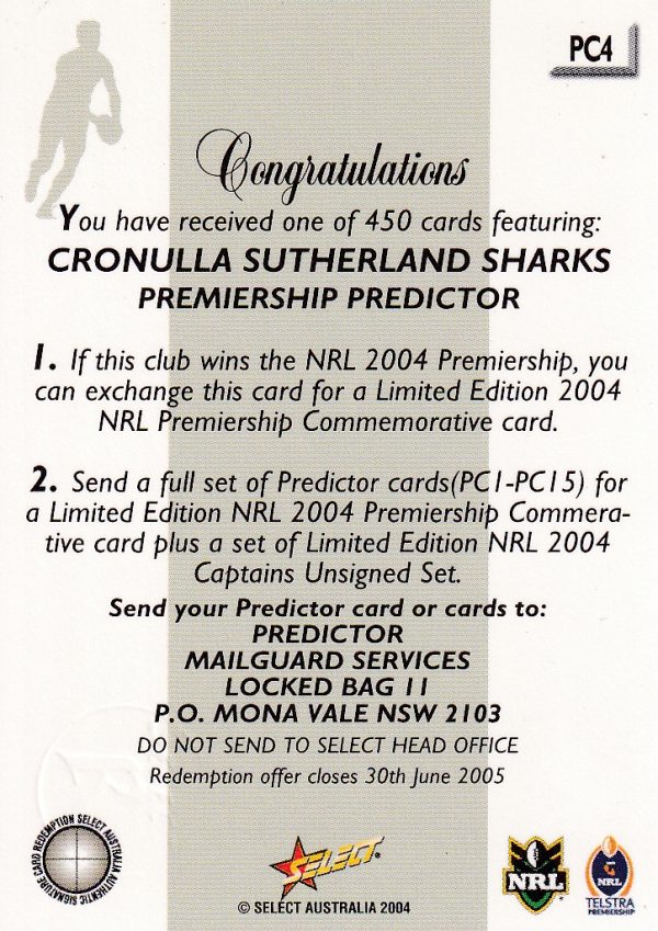 2004 NRL Authentic Captains Card - CP10 Brett Kimmorley Cronulla Sharks - Image 3