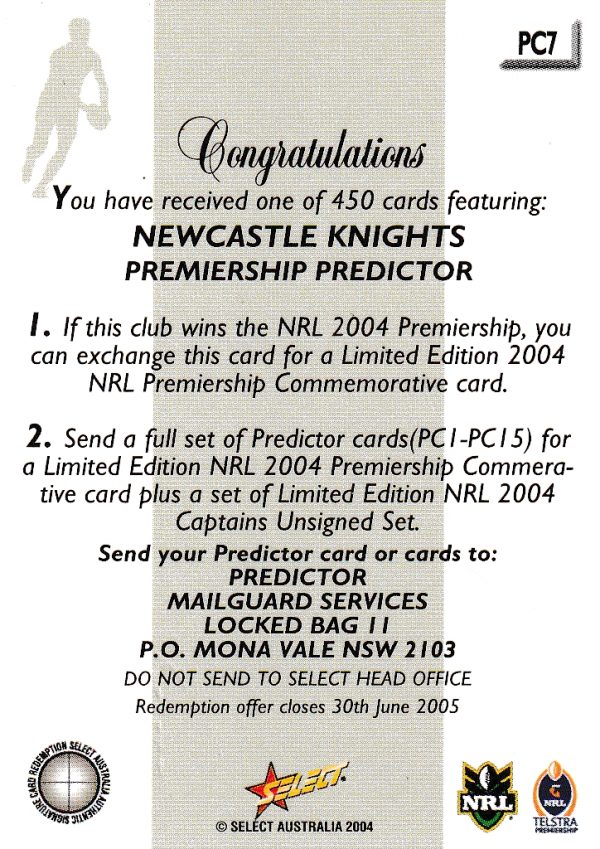 2004 NRL Authentic Premiership Predictor - PC07 Newcastle Knights - Image 2