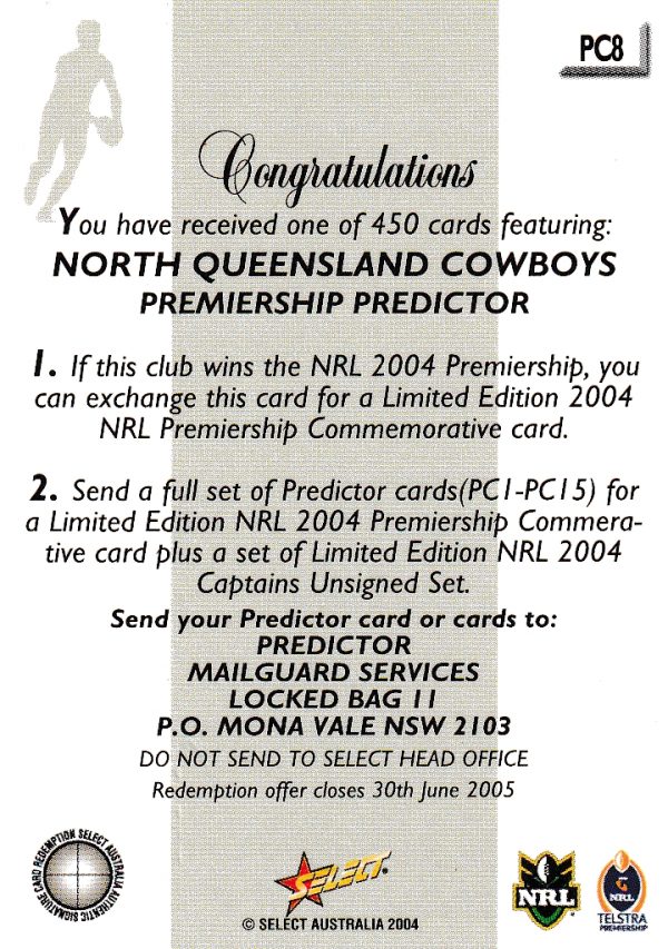 2004 NRL Authentic Premiership Predictor - PC08 North QLD Cowboys - Image 2
