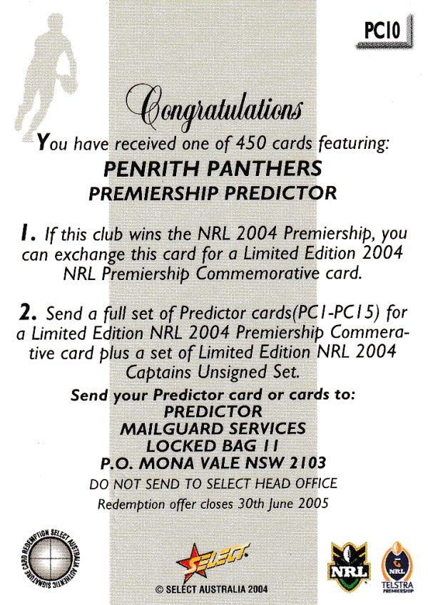 2004 NRL Authentic Captains Card - CP09 Craig Gower Penrith Panthers - Image 3