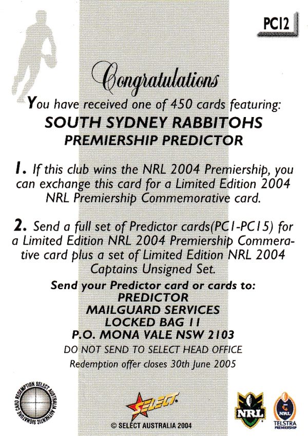 2004 NRL Authentic Captains Card - CP12 Bryan Fletcher South Sydney Rabbitohs - Image 3
