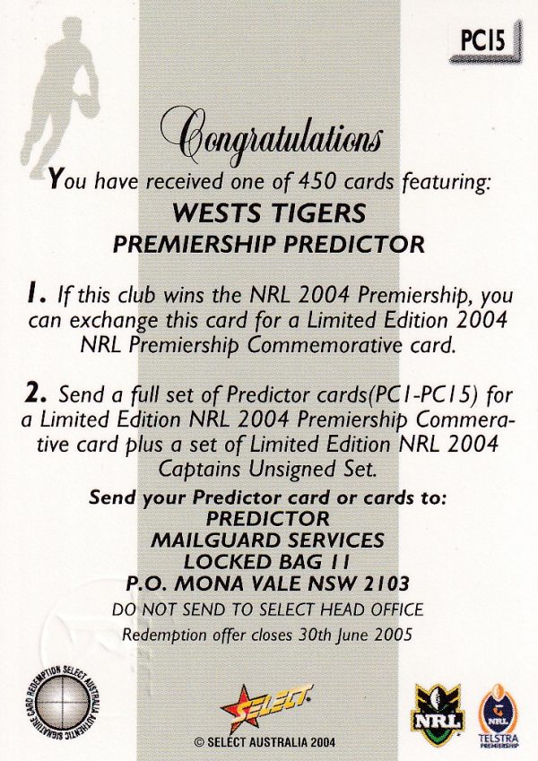 2004 NRL Authentic Captains Card - CP15 Darren Senter Wests Tigers - Image 3