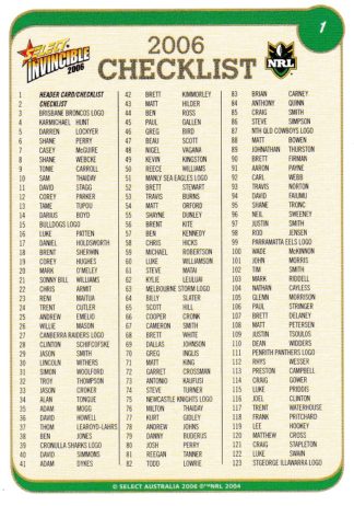 2006 NRL Invincible Common Card - Base 001 Checklist #1