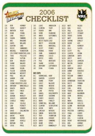 2006 NRL Invincible Common Card - Base 002 Checklist #2