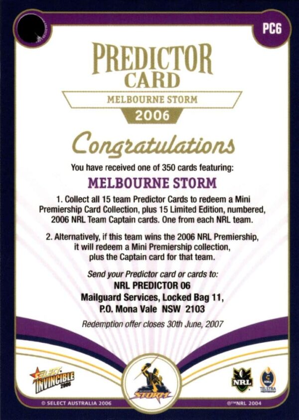 2006 NRL Invincible League Leader - CC06 Cameron Smith Melbourne Storm - Image 3