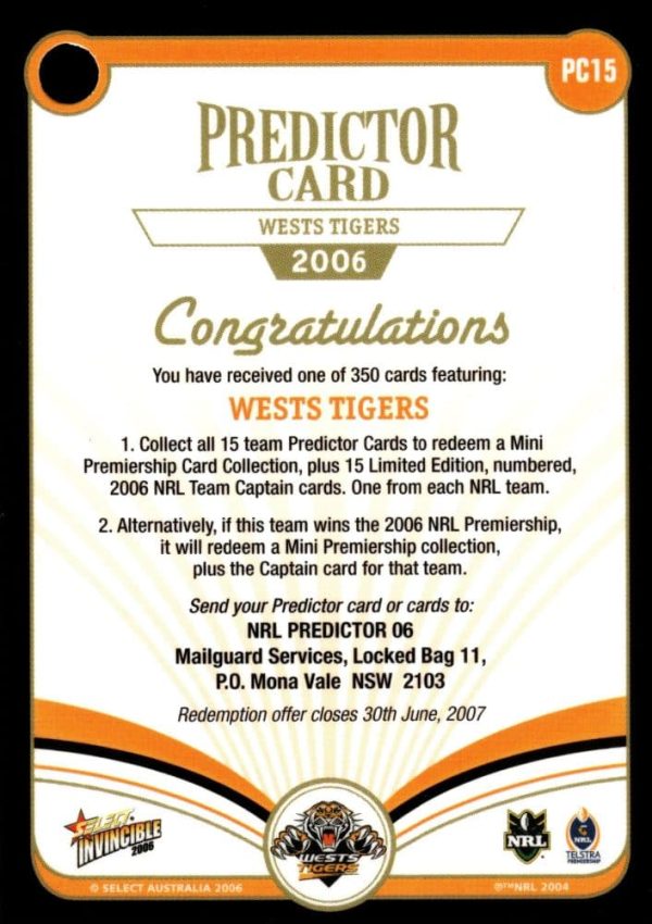 2006 NRL Invincible League Leader - CC15 Brett Hodgson Wests Tigers - Image 3
