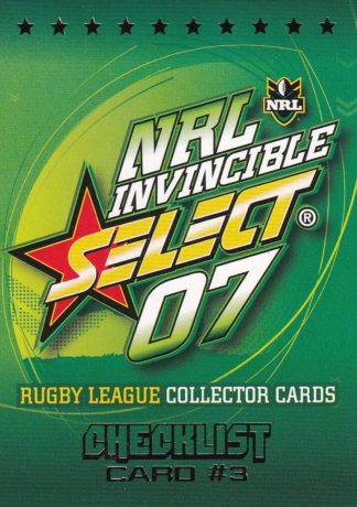 2007 NRL Invincible Common Card - Base 003 Checklist #3