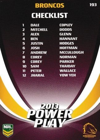 2013 NRL Power Play Common Card - Base 193 Broncos & Bulldogs Checklist