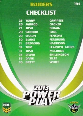 2013 NRL Power Play Common Card - Base 194 Raiders & Cowboys Checklist