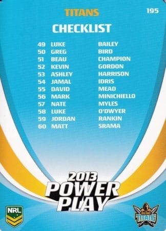 2013 NRL Power Play Common Card - Base 195 Titans & Sea Eagles Checklist
