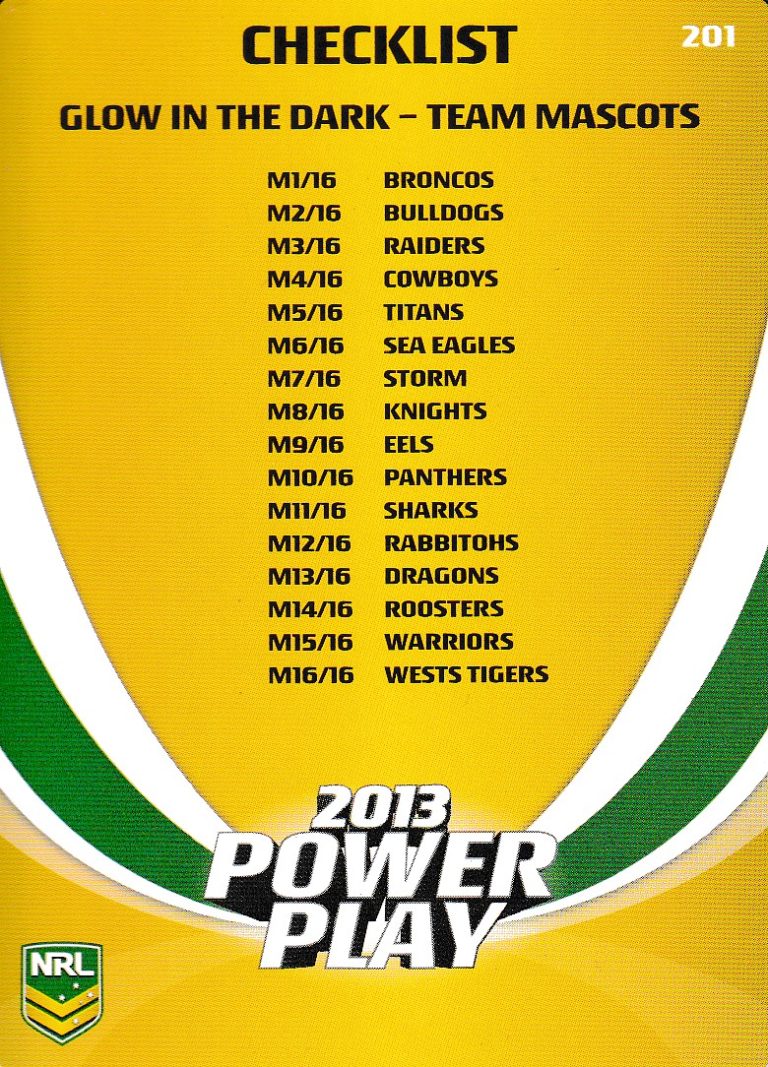 2013 NRL Power Play Common Card - Base 201 Inserts Checklist