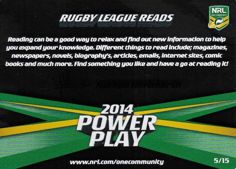 2014 NRL Power Play One Community Card - Card 05 Nathan Hindmarsh Rugby League Reads