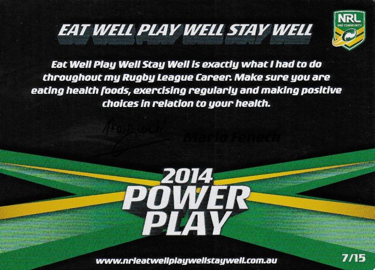 2014 NRL Power Play One Community Card - Card 07 Mario Fenech Eat Well Play Well Stay Well