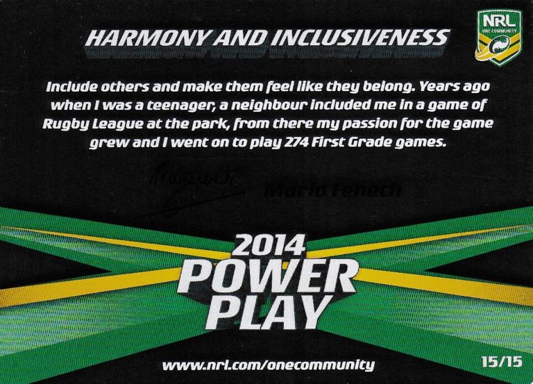 2014 NRL Power Play One Community Card - Card 15 Mario Fenech Harmony And Inclusiveness