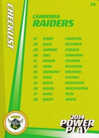 2014 NRL Power Play Common Card - Base 039 Checklist Canberra Raiders