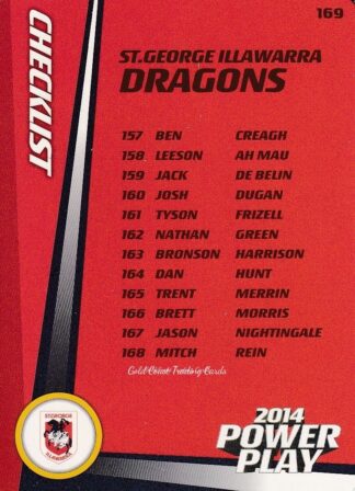 2014 NRL Power Play Common Card - Base 169 Checklist St George Dragons