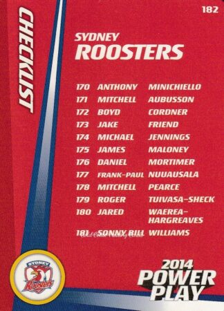 2014 NRL Power Play Common Card - Base 182 Checklist Sydney Roosters