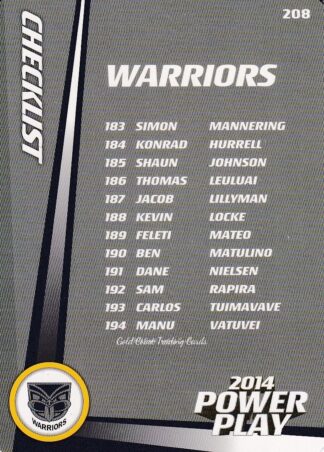 2014 NRL Power Play Common Card - Base 208 Checklist Warriors