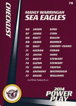2014 NRL Power Play Common Card - Base 078 Checklist Manly Sea Eagles