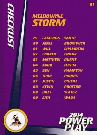 2014 NRL Power Play Common Card - Base 091 Checklist Melbourne Storm