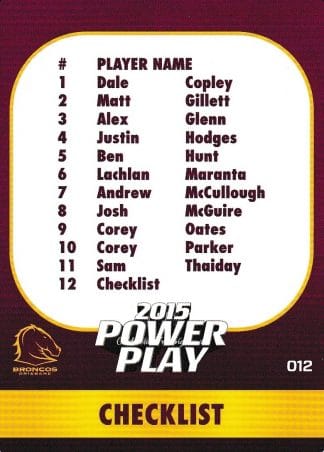 2015 NRL Power Play Common Card - Base 012 Checklist Brisbane Broncos