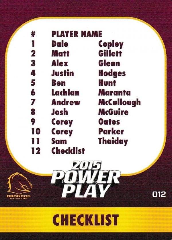2015 NRL Power Play Common Card - Base 012 Checklist Brisbane Broncos