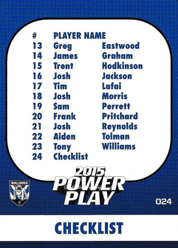 2015 NRL Power Play Common Card - Base 024 Checklist Canterbury Bulldogs