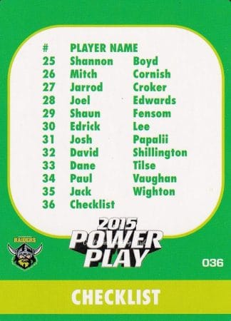 2015 NRL Power Play Common Card - Base 036 Checklist Canberra Raiders