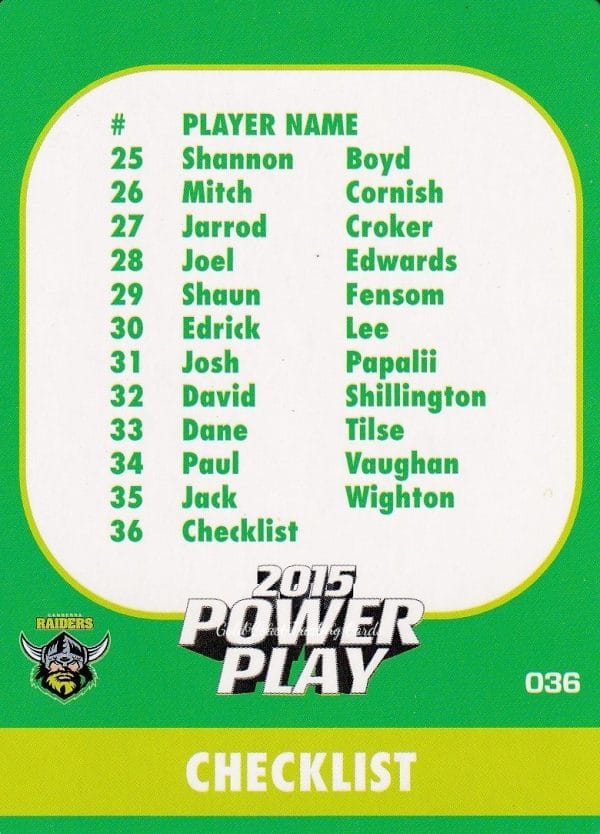 2015 NRL Power Play Common Card - Base 036 Checklist Canberra Raiders