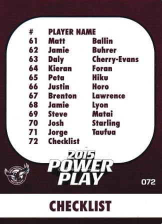 2015 NRL Power Play Common Card - Base 072 Checklist Manly Sea Eagles