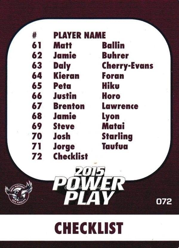 2015 NRL Power Play Common Card - Base 072 Checklist Manly Sea Eagles