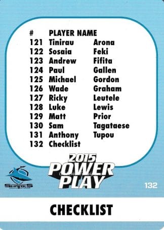 2015 NRL Power Play Common Card - Base 132 Checklist Cronulla Sharks