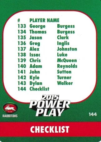 2015 NRL Power Play Common Card - Base 144 Checklist South Sydney Rabbitohs