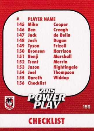 2015 NRL Power Play Common Card - Base 156 Checklist St George Dragons