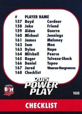 2015 NRL Power Play Common Card - Base 168 Checklist Sydney Roosters