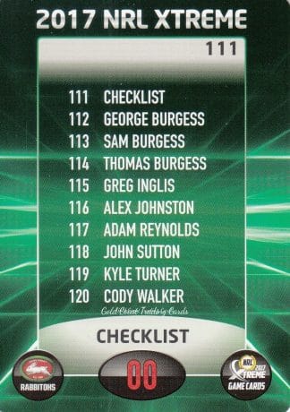 2017 NRL Xtreme Common Card - Base 111 Checklist South Sydney Rabbitohs