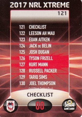 2017 NRL Xtreme Common Card - Base 121 Checklist St George Dragons