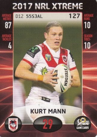 2017 NRL Xtreme Common Card - Base 127 Kurt Mann St George Dragons